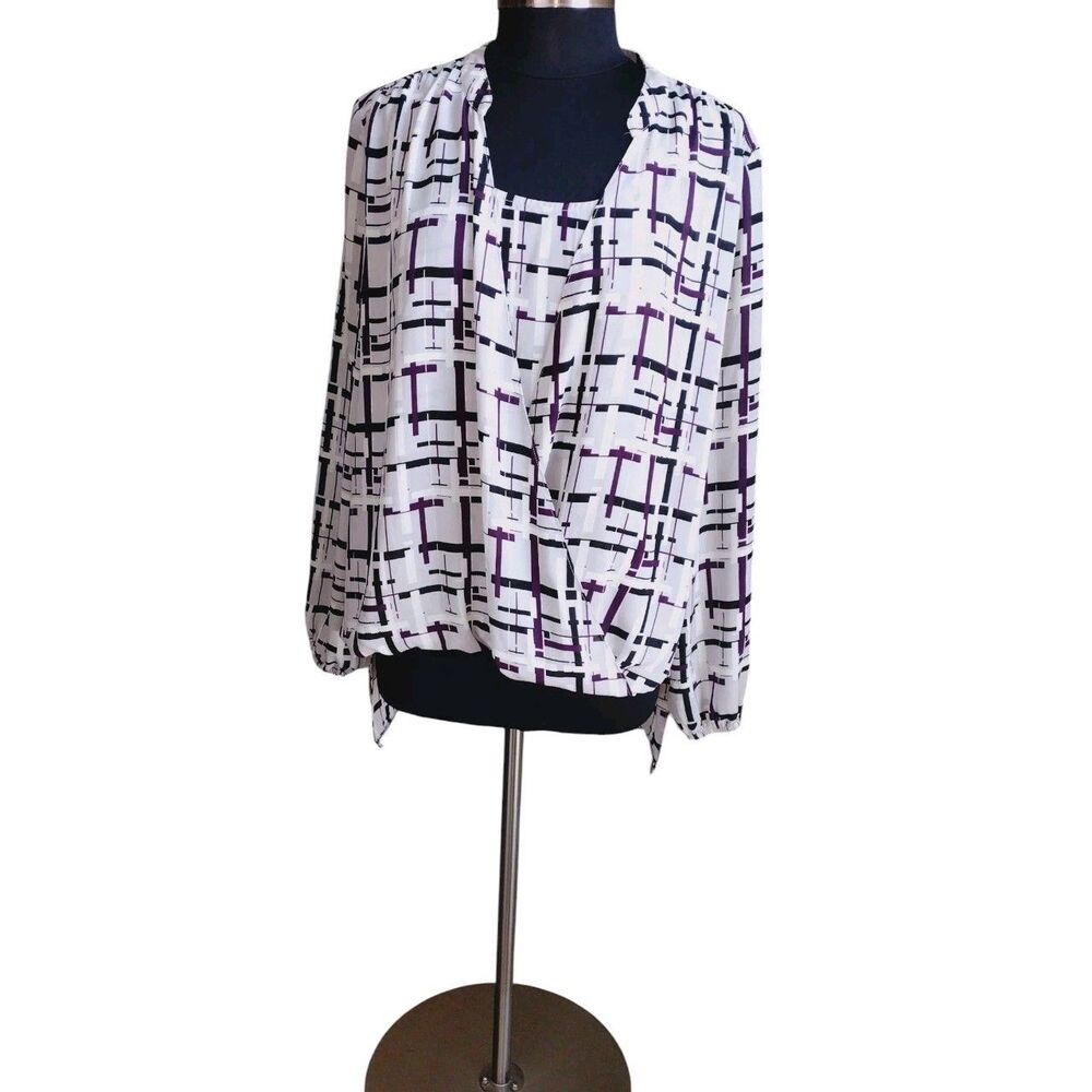 Alfani Blouse Womens Purple Gray Black Geo Print Chiffon Hi Lo Workwear Plus 18W